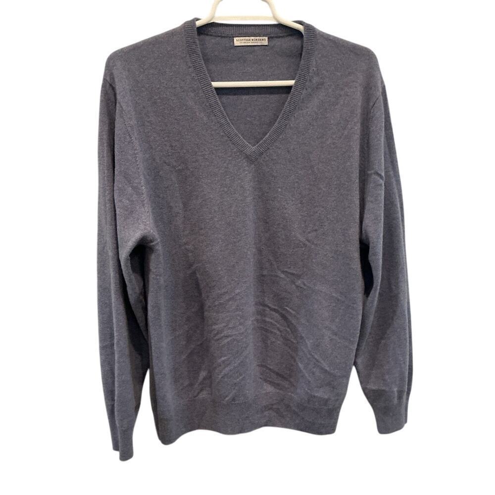 Scottish Borders Mens V-neck Cashmere Sweater Size Large Blue Classic Old Money
